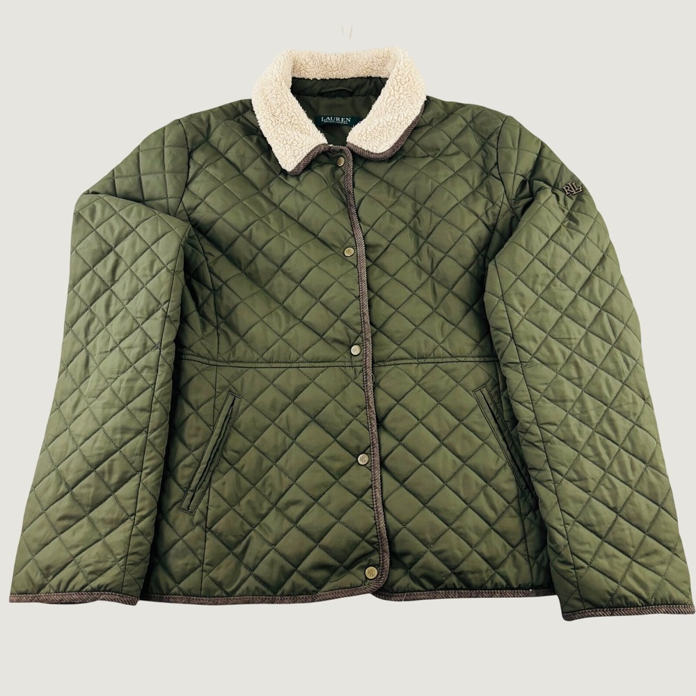 Lauren Ralph Lauren Quilted Equestrian Jacket Olive Green Shearling Collar XL
